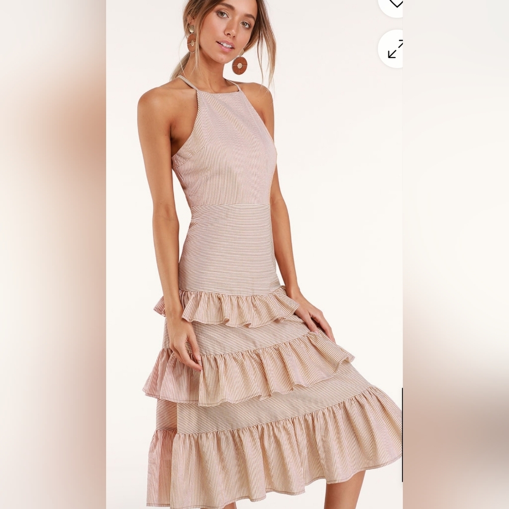 Lulu's Orange Striped Ruffle Midi Dress